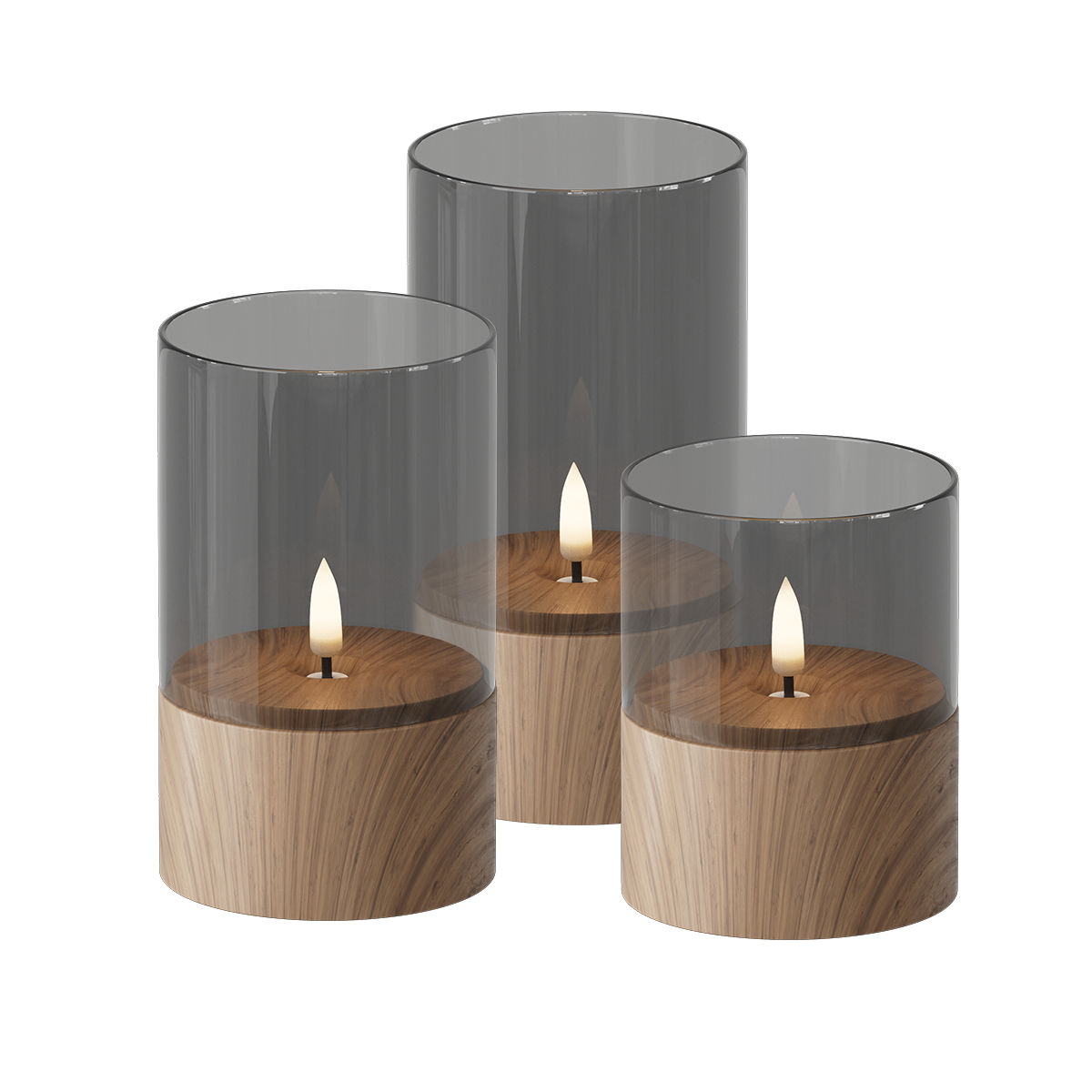 Wooden LED Glass Candle Set 8*10/12,5/15 cm (3 pcs.)