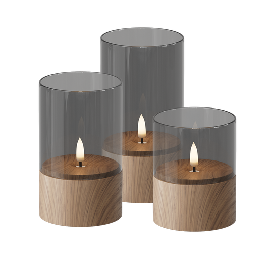 Træ LED glas lyssæt 8*10/12,5/15 cm (3 stk.)